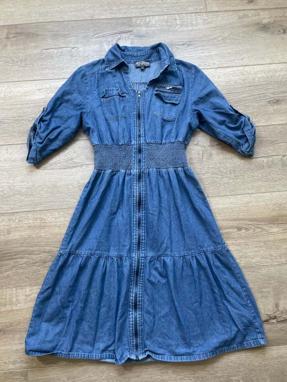 J Gee Denim Midi Dress Medium Zip Front Smocked Waist Roll Tab Chambray Blue - Picture 2 of 11